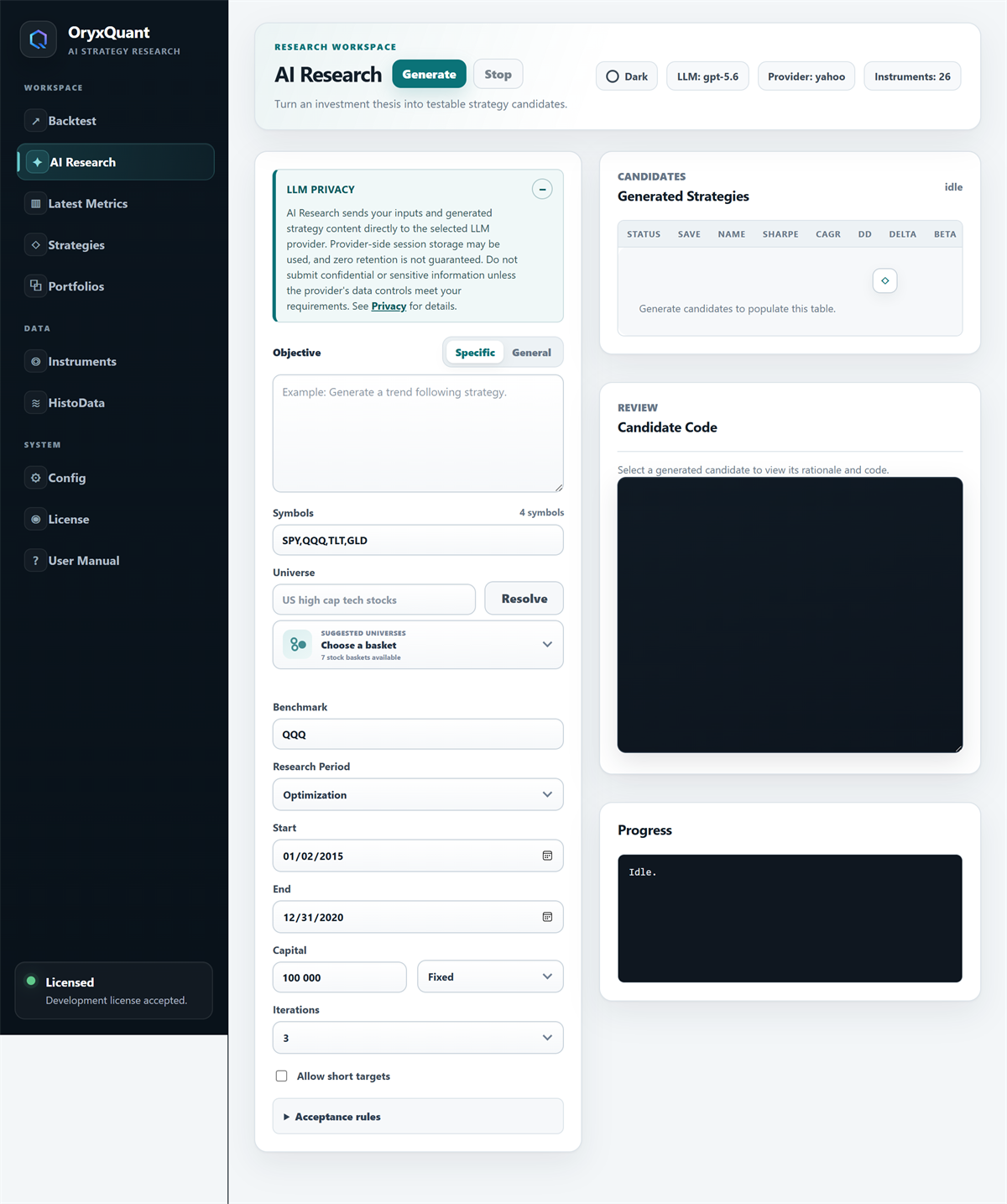 OryxQuant AI Research interface