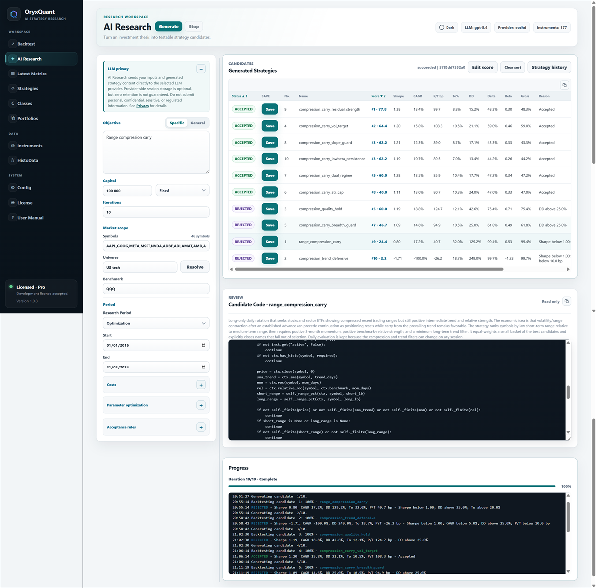 OryxQuant AI Research interface