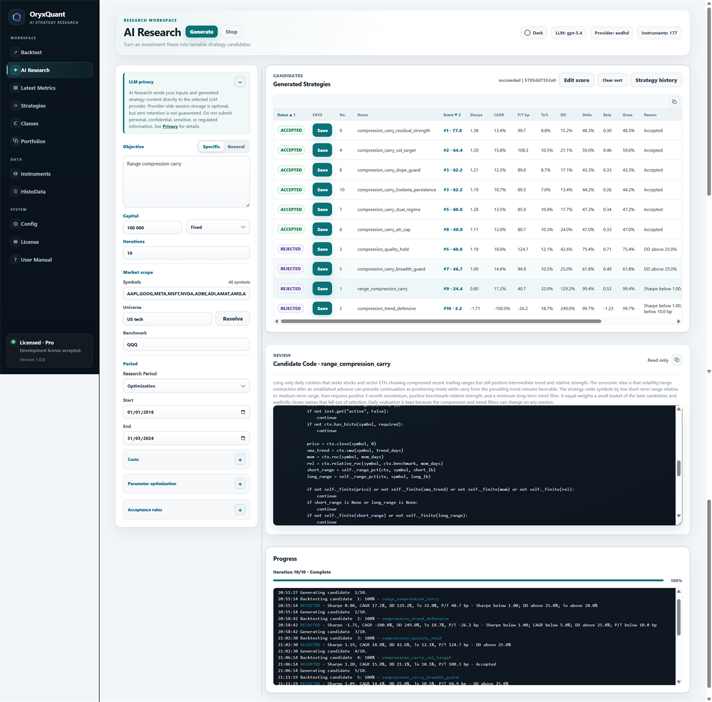 OryxQuant AI Research workspace