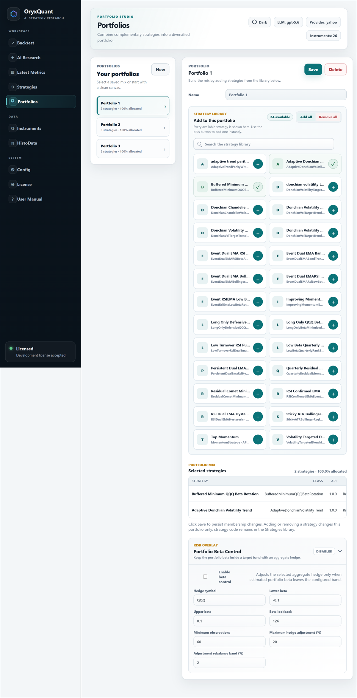 OryxQuant portfolio construction interface
