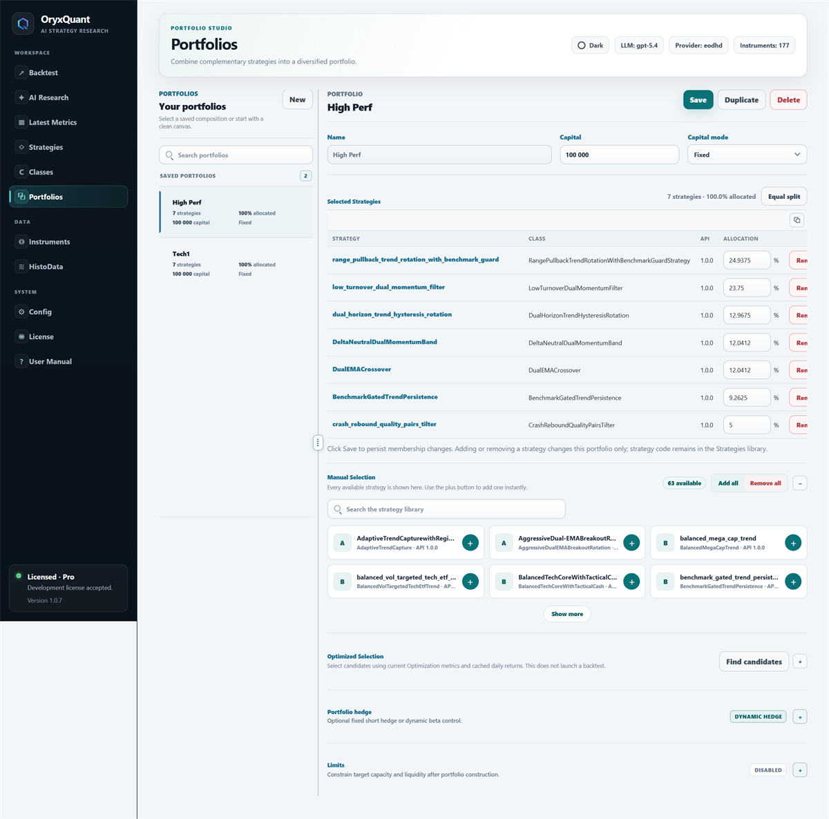 OryxQuant portfolio construction interface