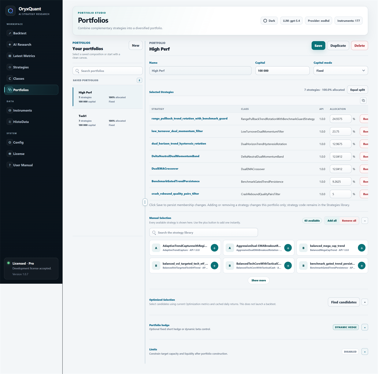OryxQuant Portfolios workspace