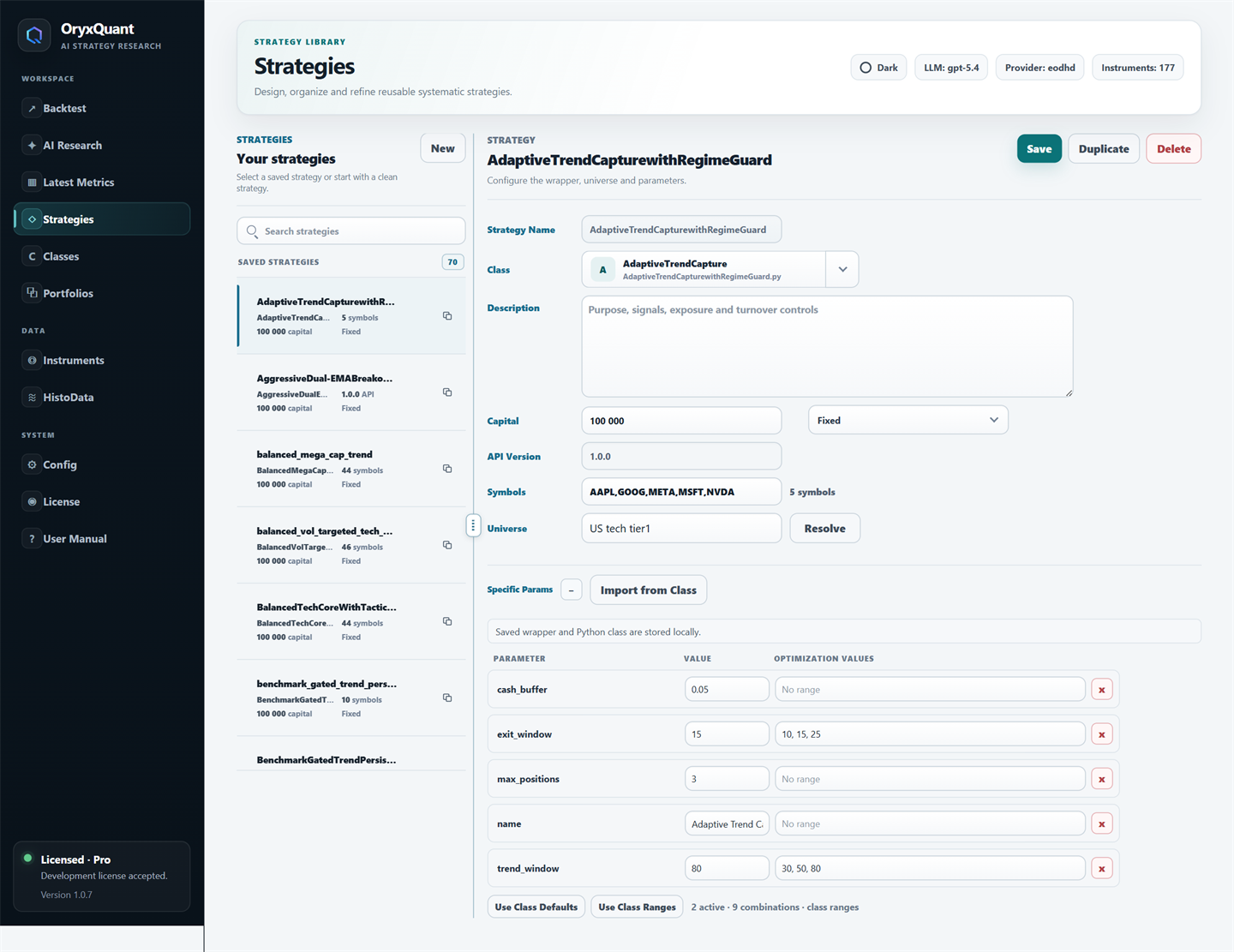 OryxQuant Strategies workspace